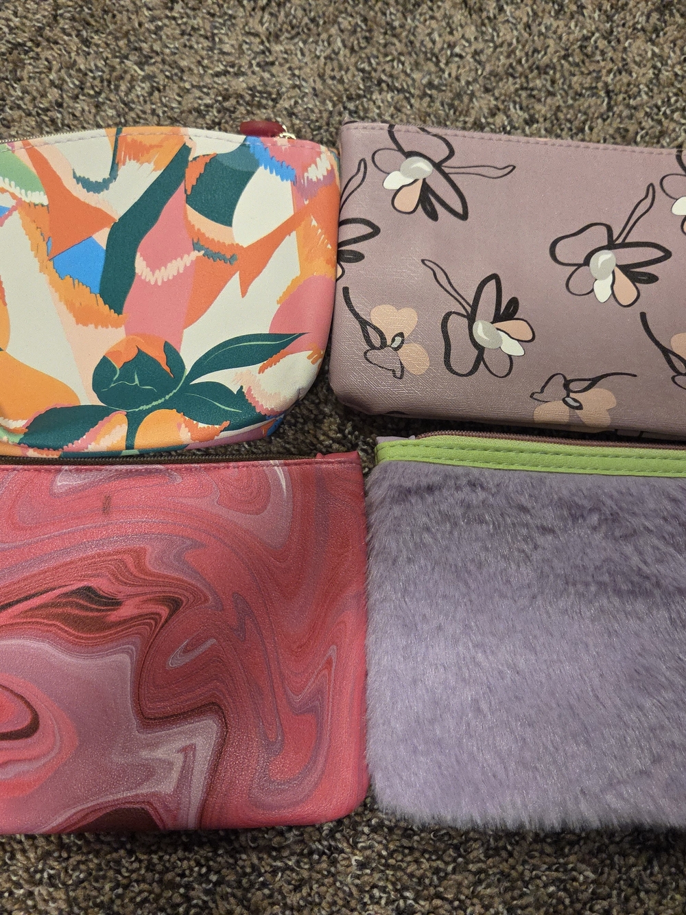 IPSY Bags Four Cosmetic Pouches - Floral, Abstract, Marble & Fuzzy Lavender